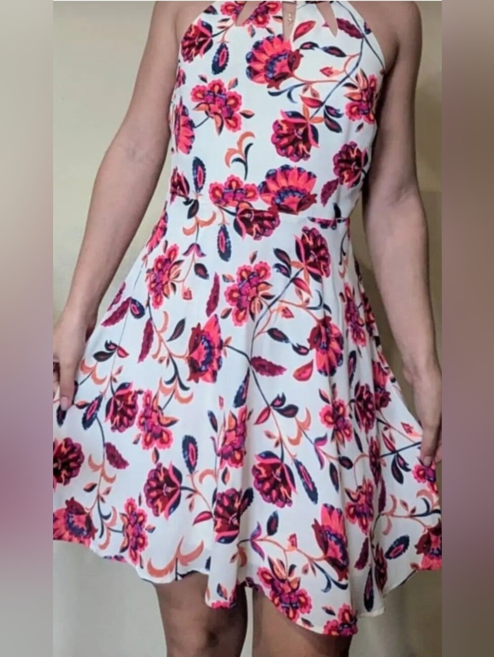 Express White Halter Fit-and-Flare Dress with Pink Floral